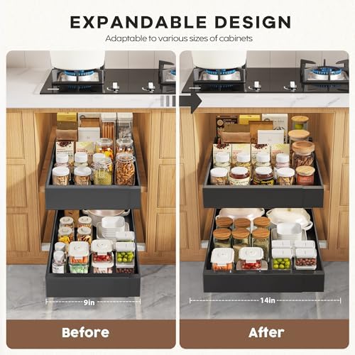 Seinloes 2 Pack Pull Out Cabinet Organizers 21" Deep With Raising Pad for Framed Cabinets, Expandable Width (9"-14") Slide Out Drawers Upgrade 3 Slide Rails, Roll Out Shelves Adhesive, Black - Image 3