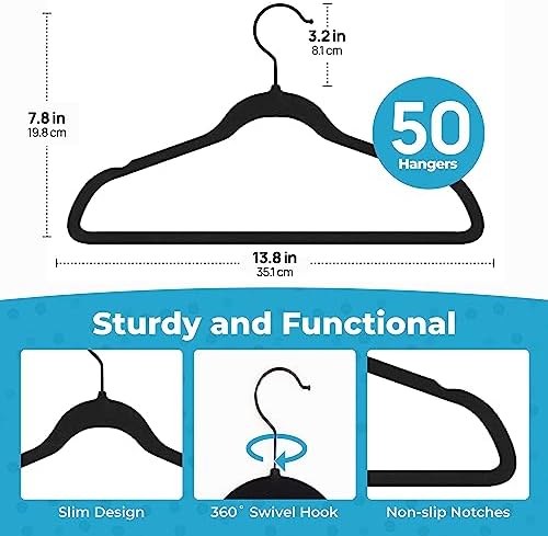 Fontaines Luxury Kid's Black Velvet Felt Non Slip Clothes Hangers 50 Pack - Ultra Slim & Space Saving - Heavy Duty Swivel Black Hook for Children's Clothing, Shirt, Dress, Skirt & Pants Organization - Image 3