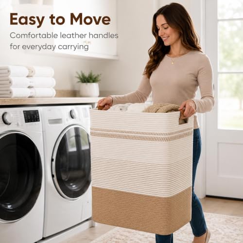 Laundry Hamper, Cotton Rope Laundry Basket with Leather Handles, 22.5-Gallon/85 L Large Clothes Hampers for Laundry, Woven Laundry Baskets for Blankets, Clothing, Bedroom, Living Room, Nursery - Image 6