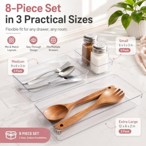 8 Pack Large Clear Plastic Drawer Organizer Trays, 3 Sizes, Non-Slip - Image 2