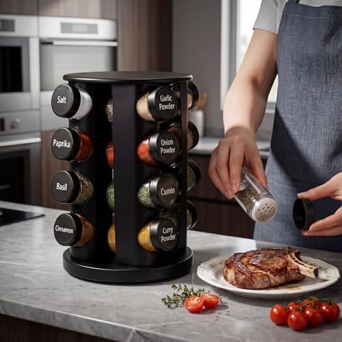 Yungyan Black Rotating Spice Rack with 16 Empty Jars and Labels by Yungyan
