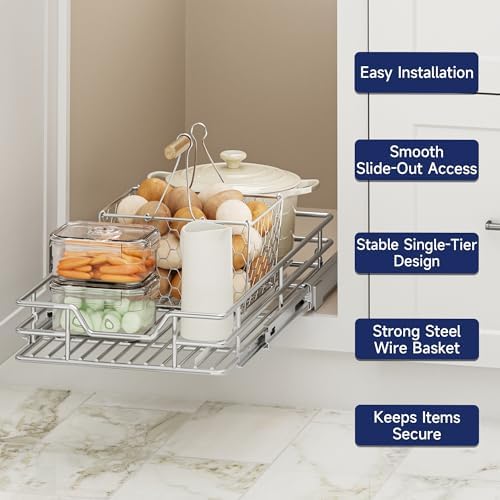 Pull Out Cabinet Organizer, 10.5" W x 18" D, Heavy Duty Chrome Slide Out Shelf for Narrow Base Cabinets, Sliding Wire Basket Drawer for Spices, Bottles, Snacks & Cleaning Supplies - Image 4