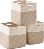ICERZCZ 13 Inch Cube Closet Storage Bins, Woven Cotton Rope Organizer Baskets for Organizing & Shelves, Books, Towels, Clothes, Toys, 13x13x13 in, Off White & Brown (Pack of 3) by ICERZCZ