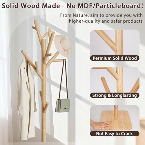 Solid Wood Coat Rack - Freestanding Coat Hat Rack Stand with 14 Hooks, Clothes Rack Heavy Duty Space Saving Entryway Coat Tree Hanger Rack for Coats Jackets Hats Bags, Adjustable Height (Natural) - Image 3