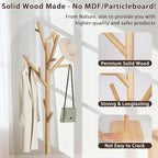 Solid Wood Coat Rack - Freestanding Coat Hat Rack Stand with 14 Hooks, Clothes Rack Heavy Duty Space Saving Entryway Coat Tree Hanger Rack for Coats Jackets Hats Bags, Adjustable Height (Natural) - Image 3