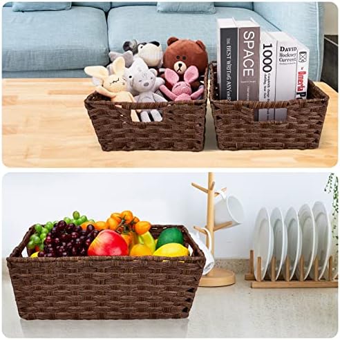 Onlytak Large Wicker Storage Basket, Metal Frame, Set of 2, Washable Waterproof, 15" x 10.3" x 5.2", Brown Color, Woven Basket for Pantry, Toilet, Bathroom, Bedroom, Patio - Image 6
