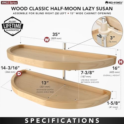 Rev-A-Shelf 35" Dual Shelf Half Moon Lazy Susan Organizer for Diagonal Blind Corner Kitchen Cabinets, Pullout Turntable Trays, Wood, 4WLS882-35-570 - Image 3