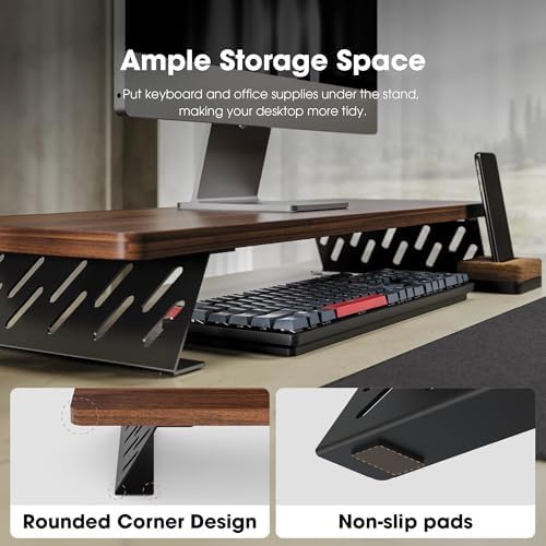 Fenge Monitor Stand Riser, Wooden & Metal Desk Shelf Organizer, Brown - Image 6