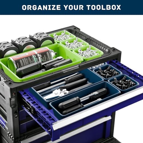 47pcs Tool Box Organizer, Tool Drawer Organizer Trays with Non-slip EVA Pads – Interlocking Divider Set, Fit Garage Storage Desk Drawers & Rooling Tool Cart (Blue & Green 47PCS) - Image 6