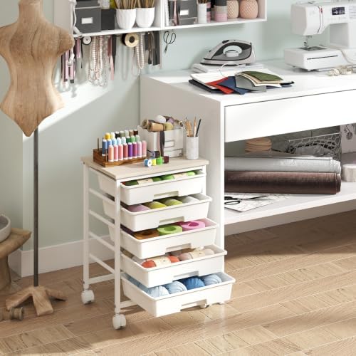 Giantex 5 Drawers Rolling Cart with Wheels, Wood Top, Sturdy Frame - Image 2