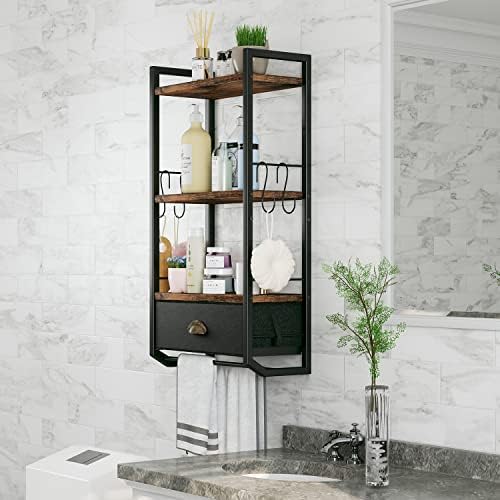 Bathroom Storage Organizer Wall Mounted, 3 Tier Bathroom Towel Rack Shelf with Storage Drawer Double Towel Bars and Hooks, Industrial Bathroom Shelves Over Toilet, Rustic Black and Brown (A) - Image 4