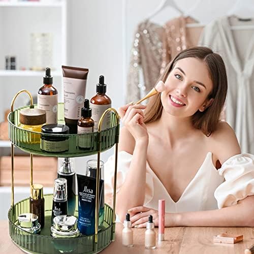 shuang qing Rotating Makeup Organizer for Vanity, High-Capacity Skincare Make Up Storage Perfume Organizers Cosmetic Dresser Organizer Countertop 360 Spinning (Green, 3 Tier) - Image 5