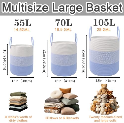 70L Woven Laundry Basket, Large Clothes Hamper with Handles- Blue - Image 2