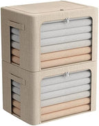 FHSQX Extra Large Clothes Storage Bins Foldable Metal Frame Storage Box Stackable Linen Fabric Box Organizer Set with Carrying Handles and Clear Window (Beige, 23.6x 16.5x 15.7 Inch) by FHSQX