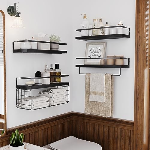 Black Wood Floating Shelves Wall Mounted - 3+1 Tier Rustic Bathroom Wall Shelves Over Toilet with Wire Storage Basket and Towel Bar, set of 4 Farmhouse Floating Shelf for Bathroom, Kitchen, Bedroom. - Image 3