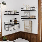 Black Wood Floating Shelves Wall Mounted - 3+1 Tier Rustic Bathroom Wall Shelves Over Toilet with Wire Storage Basket and Towel Bar, set of 4 Farmhouse Floating Shelf for Bathroom, Kitchen, Bedroom. - Image 3