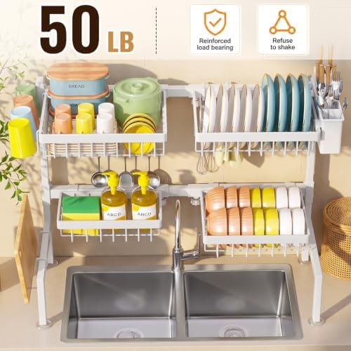 SNSLXH 4 Baskets 2-Tier Over The Sink Dish Drying Rack, 26.57"-35" White - Image 3