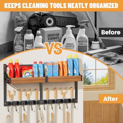 Broom Holder Wall Mount, Broom and Mop Organizer Wall Hanging with Shelf - Image 5