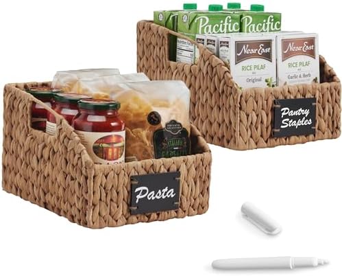 Best Choice Products Pantry Baskets for Organizing, Wicker Basket w/Built-in Handles, Handwoven Wicker Storage Baskets for Shelves, Water Hyacinth, 2-Pack - Chestnut by BestChoiceProducts