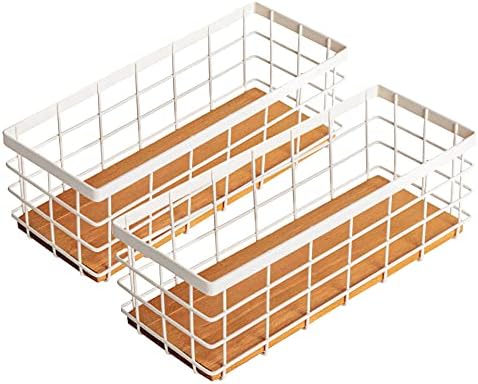 TIEYIPIN Small Metal Wire Storage Basket, Detachable Wood Base Storage Organizer Bin Basket for Kitchen Cabinets, Bathroom, Pantry, Garage, Laundry Room (Cream White, 2 Pack) by TIEYIPIN