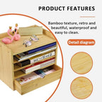 KKTONER 5-Tier Bamboo Desk Organizer with Drawer Tabletop File Organizer Document Holder with Shelf Desktop Cabinet for Home Office School Supplies (Natural) - Image 4