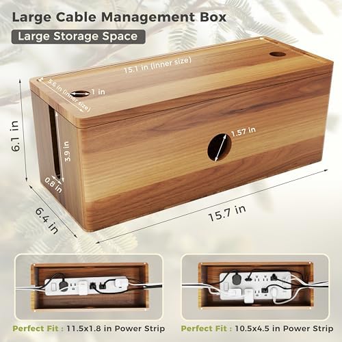 Large Cable Management Box Acacia Wood Cord Organizer Power Strip & Cables - Image 2