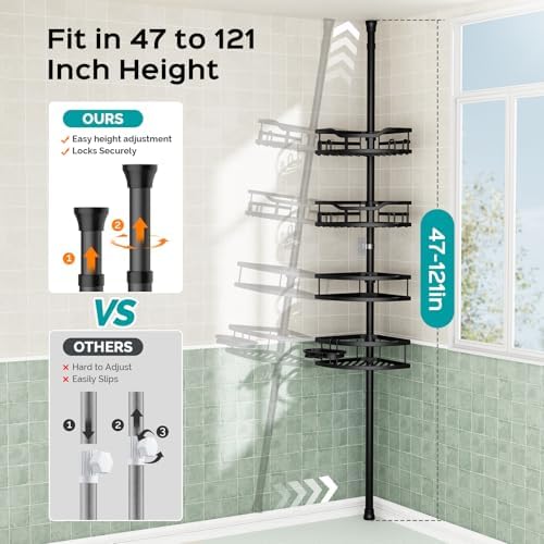 HAMITOR Corner Shower Caddy Tension Pole: Rustproof Stable 4-Tier Bathroom Organizer Shelves for Bathtub Shampoo Storage - 47-121 Inch Quick Install Adjustable Standing Rack with Soap Rack - Black - Image 4