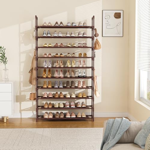 LANTEFUL Tall Shoe Rack 10 Tier Shoe Organizer Large Shoe Shelf with 18 Hooks Storage for 50 Pair Sneaker and Boot, Stackable Vertical Shoe Rack Organizer for Closet, Entryway, Bedroom, Brown - Image 7
