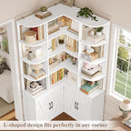 FINETONES 74" Tall Corner Bookshelf, White Bookshelf with Doors - Image 4