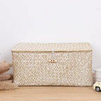 FEIALNDUO Wicker Shelf Baskets with Lid,Seagrass Storage Basket Bins Rectangular Handwoven Basket Boxes for Shelves Desktop Home Organizer (Whitewash, Large) - Image 3