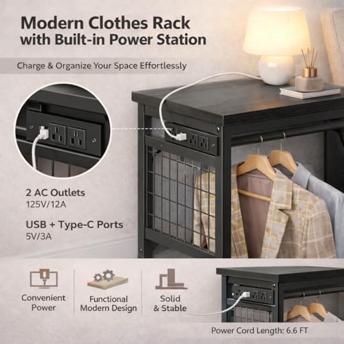 Simple Deluxe Storage Clothes Rack with 6 Drawers, Charging Station & LED Lights, Fabric Chest Shelves Clothing Rack, Wooden Portable Wardrobe Closet, 49.2" W x 15.7" D x 47.2" H, Black - Image 5