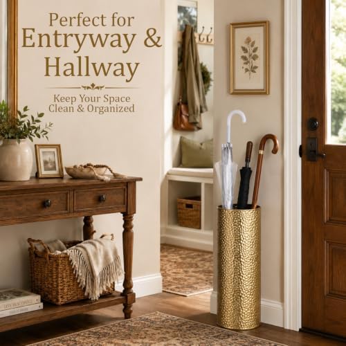 Lounsweer Metal Hammered Umbrella Stand, Gold Cylindrical Umbrella Holder for Entryway, Free Standing Canes Walking Sticks Organizer, Round Waterproof Drip Container for Home Office, 15.8 x 5.9 in - Image 3