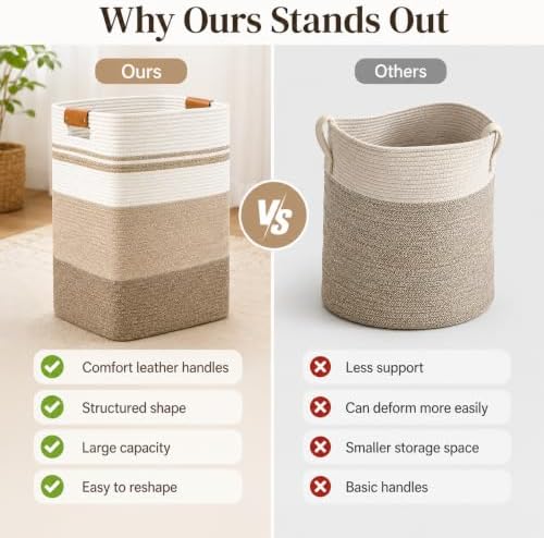 Laundry Hamper, Cotton Rope Laundry Basket with Leather Handles, 21.1-Gallon/80 L Large Clothes Hampers for Laundry, Woven Laundry Baskets for Blankets, Clothing, Bedroom, Living Room, Nursery - Image 5