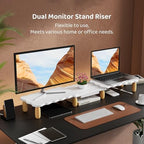 AFOOYO Dual Monitor Riser, Cookie-Shaped Adjustable Length & Swivel Angle, Wooden Desktop Organizer for 2 Monitors,Monitor Stand with Drawer for Laptop, PC, Computer, Printer,White - Image 2