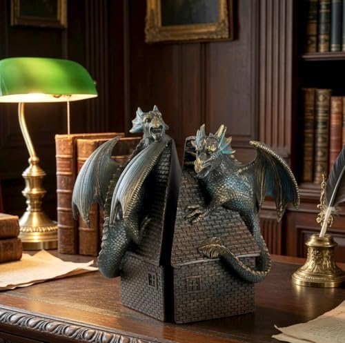 Bellaa Dragon Bookends Set of 2 - Heavy Duty Decorative Book Ends for Shelves, Medieval Gothic Castle Guardian, Non-Skid Resin 7.5" Vintage Bronze 28670 - Image 6