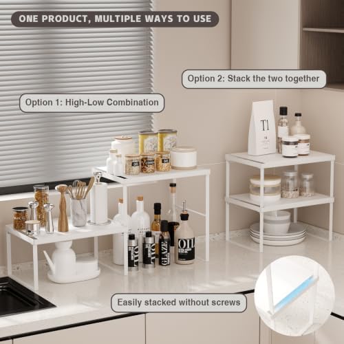 Kitchen Counter Oganizer Stackable Spice Rack for Countertop Kitchen Countertop Organizer Heavy Duty Kitchen Counter Shelf Metal Spicy Shelf for Countertop (2 Pack, White) - Image 3