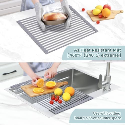 Ohuhu Dish Drying Rack Over The Sink, Roll Up Sink Rack 20.5" W x 13.1" L Rolling Dish Drainer Foldable Accessories Heat-Resistant Mat Anti-Slip Silicone Coated for Kitchen Counter - Image 3