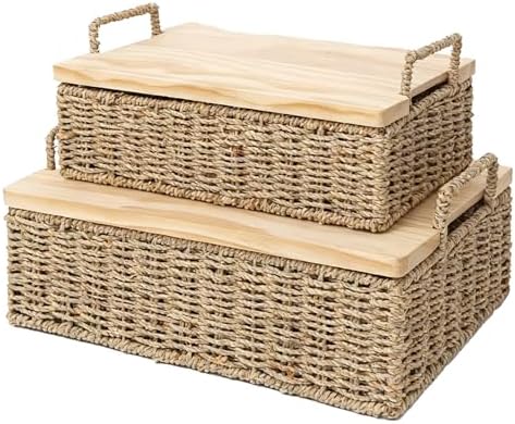Woven Seagrass Wicker Storage Basket Set of 2 with Wooden Lids by QingtuHome