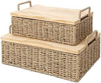 Woven Seagrass Wicker Storage Basket Set of 2 with Wooden Lids by QingtuHome