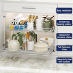 2-Tier Pull Out Cabinet Organizer, 27" W x 21.5" D, Heavy Duty Dual Slide Out Shelves for Wide Base Cabinets, Chrome Wire Basket Drawer for Pots, Pans, Pantry & Cleaning Supplies - Image 4