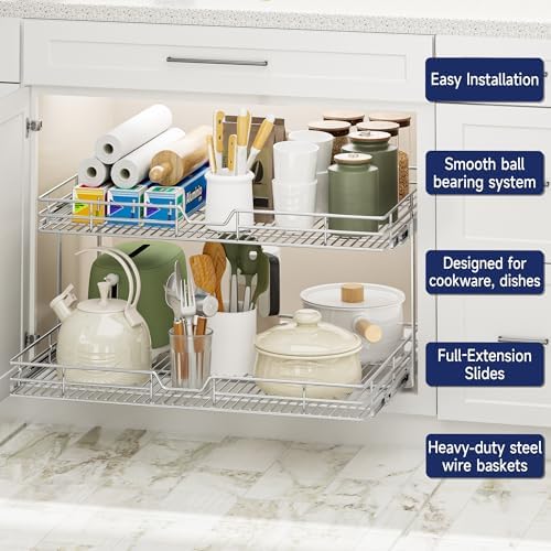 2-Tier Pull Out Cabinet Organizer, 31.5" W x 21.5" D, Heavy Duty Dual Slide Out Shelves for Wide Base Cabinets, Chrome Wire Basket Drawer for Pots, Pans, Pantry & Cleaning Supplies - Image 4