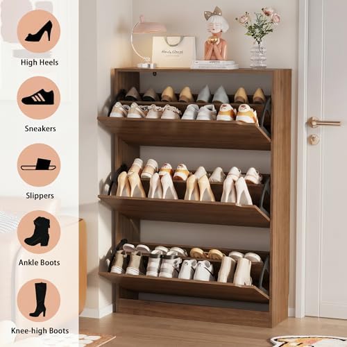 Shoe Storage Cabinet, Wood Shoe Organizer for Entryway with 3 Flip Drawers, Freestanding Shoe Rack with Adjustable Shelf, Narrow Shoe Dresser for Front Door Entrance (Walnut, Standard 3 Drawers) - Image 4