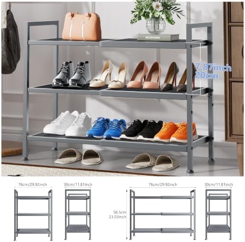 Expandable Shoe Rack for Closet, Entryway, Shoe Storage, 3-Tier, Grey - Image 3