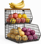 Potato and Onion Storage Bin with Wooden Top, 2-Tier Stackable Wire Basket by JKsmart