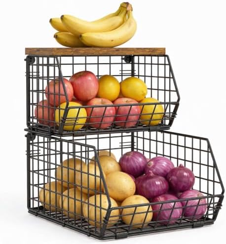 Potato and Onion Storage Bin with Wooden Top, 2-Tier Stackable Wire Basket by JKsmart