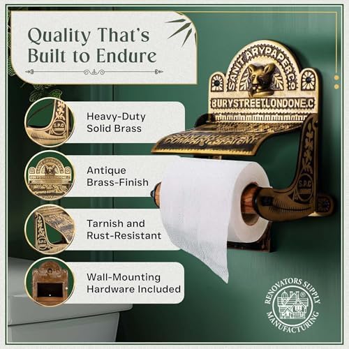 Renovators Supply Manufacturing Antique Brass Wall Mount Toilet Tissue Paper Holder 6.9" Wide Victorian Style Rust Resistant Solid Brass Bathroom Toilet Sanitary Paper Roll Holder Storage with Lid - Image 2