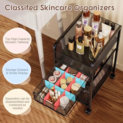 Hongtamoya Rolling Makeup Cart Organizer with 2 Drawers, Narrow Floor Skincare Organizers, Vanity Organizer Cosmetics Display Cases Holder for Skin Care Nail Polish Perfume Makeup Brush, Black - Image 4