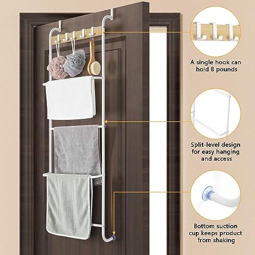 BTY Over The Door Towel Rack 5 Tier Towel Door Hanger for Bathroom Over The Door Towel Bar Hanger with Hooks Back of Door Towel Rod Organizer for Clothes Hand Towels (White) - Image 3