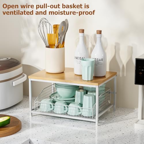 KLM Pull Out Spice Rack Organizer for Cabinet,Rustic Wood Top with Wire Basket Storage,Kitchen Countertop Organizer and Storage for Pantry, Counter top,Coffee Station Wood. (Natural) - Image 2