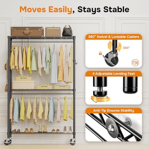 Simple Deluxe Rolling Clothes Rack, Heavy Duty Clothing Rack, 3-Shelf Portable Adjustable Wardrobe Closet with Wheels, Hanging Rods & Side Hooks, 43.3" W x 17.7" D x 80.3" H, Black - Image 4